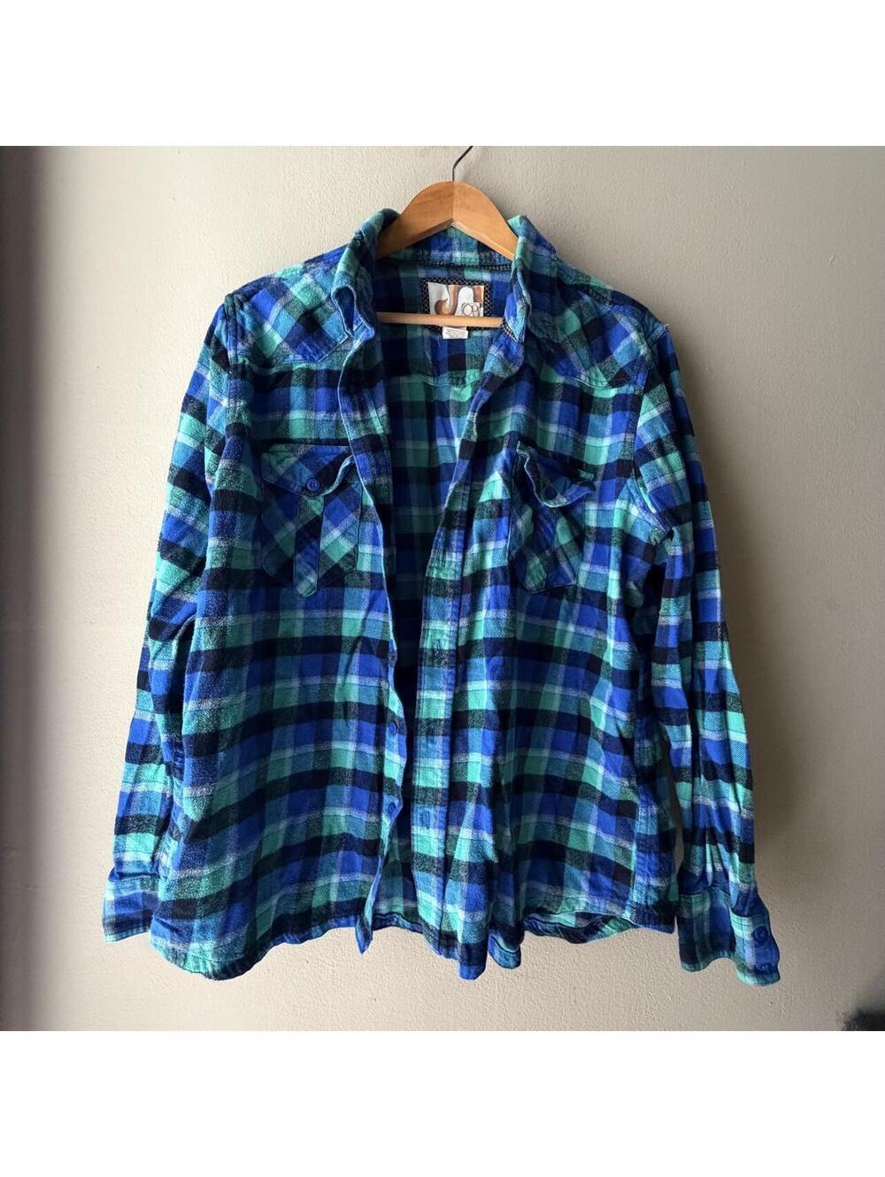 OP Ocean Pacific Blue & Teal Plaid Flannel Shirt XL